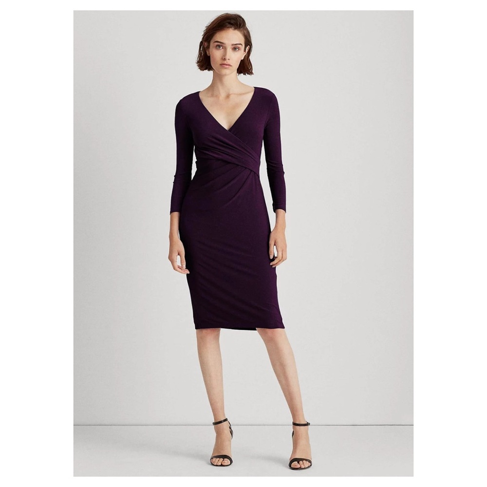 RALPH LAUREN Plus Size Burgundy Stretch Jersey Ruched Front Midi Dress Size 14